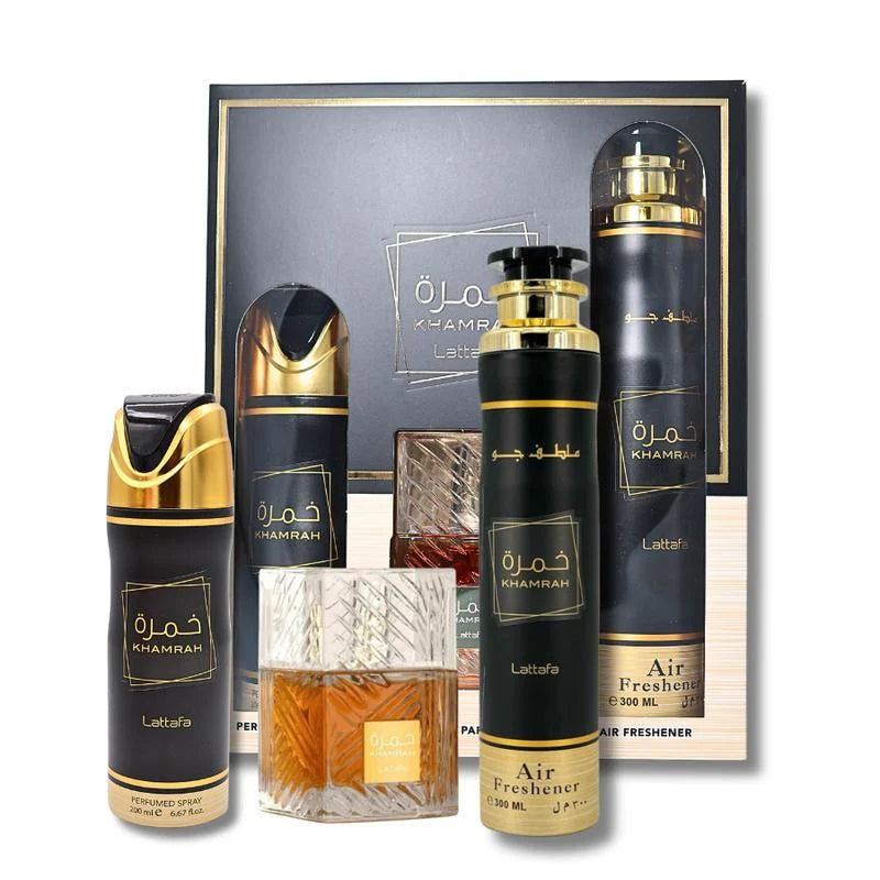 SET LATTAFA KHAMRA UNISEX ( 3 PC) 3.4 OZ EDP / 6.8 OZ PERFUME SPY / 10 OZ AIR FRESHNER