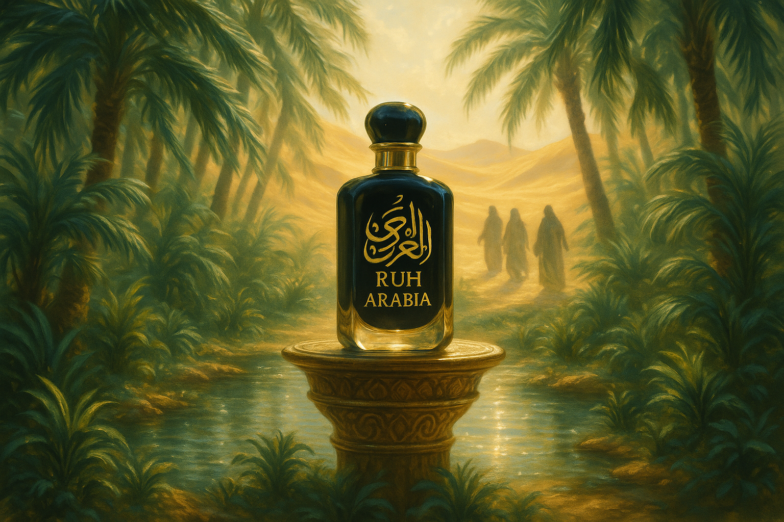 haz un pequeño video de un oasis donde ruh el espiritu mueva las hojas de las plantas del oasis y deje ver un frasco hermoso negro y dorado de perfume con el nombre RUH ARABIA y se vean personas caminando hacia ese lugar para tomar ese perfume