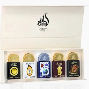 SET LATTAFA PRIDE 5 X 0.67Oz UNISEX. NEBRAS+ART OF WOOD+ART OF UNIVERSE+ANSAAM GOLD+KASHAN