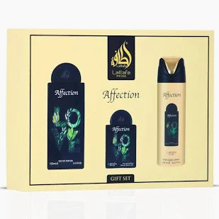 Affection de Lattafa Pride Unisex, set de 3 piezas: Eau de Parfum de 100 ml, Miniatura de 20 ml, Spray de 200 ml